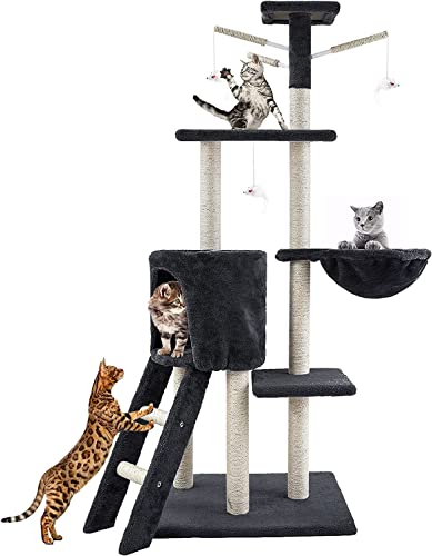 Mofish Cat Tree Stable Wooden Cat Tower Multi-Level Cat Condo with Plush Perch & Toys Cat Climbing Stand with Sisal-Covered Scratching Post Cat Furniture for Large Cats Play House for Kitten Indoor