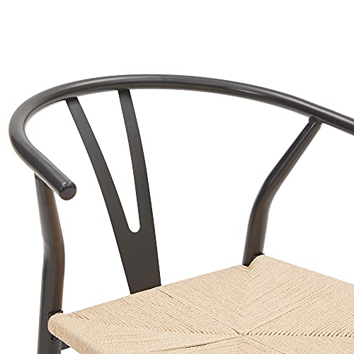 BELLEZE Black Kitchen Dining Room Chairs Set of 2, Modern Wishbone Indoor Dining Chairs with Mid-Century Metal Curved Backrest, Natural Weave Hemp Seat - Sorrento (Black)