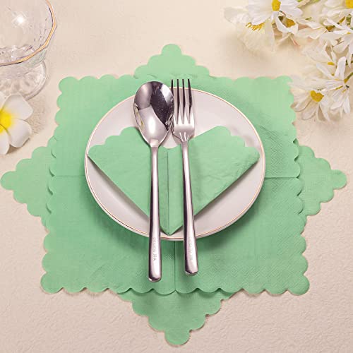 100pcs New Sage Green Napkins, 10x10 inch Scalloped Sage Green Paper Cocktail Napkins Disposable Party Sage Napkins for Wedding Birthday Party Dinning Supplies