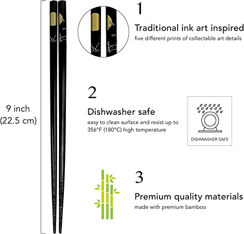 JapanBargain 3672, Bamboo Chopsticks Reusable Japanese Chinese Korean Wood Chop Sticks Hair Sticks 5 Pair Gift Set Dishwasher Safe, 9 inch, Black