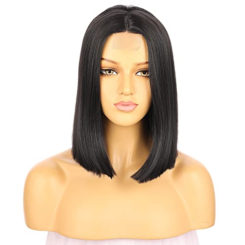 Black Synthetic Hair Lace Wig,14 Inch Bob Style 150% Hair Density Hand Made Women Wig