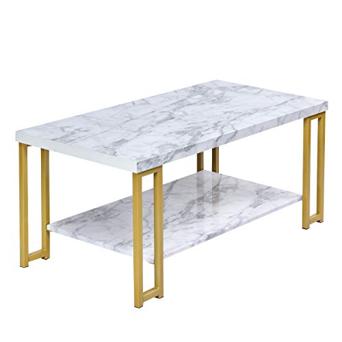 Giantex Marble Print Coffee Table, Accent Rectangular Cocktail Table, 2-Tier Tea Table w/MDF Top & Gold Print Metal Frame, Water Resistant Version, Desk Beside Sofa, End Table w/Hollow Metal Legs