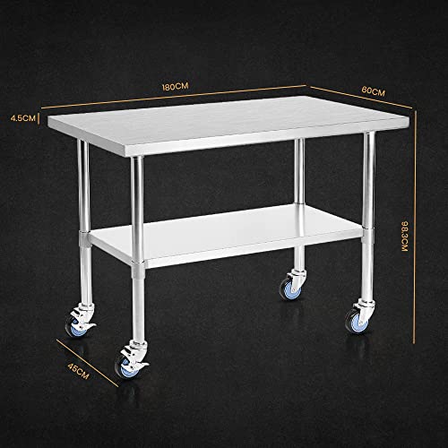 Simplus 1800x600mm Stainless Steel Kitchen Bench 430 Food Grade Workbench Food Prep Table w/Wheels Commercial Heavy Duty Table for Restaurant, Home and Hotel, Silver