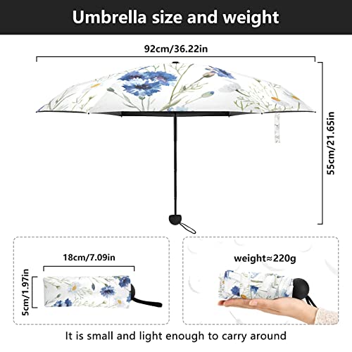 QwThum UV Sun Umbrella Compact Folding Travel Umbrella for 99% UV Protection Windproof Rainproof Small Light Fashion Parasol for Men and Women Gift Blue Daisy