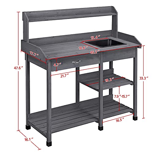 Yaheetech Outdoor Potting Bench Table Potters Benches Garden Work Bench Station Workstation with Drawer/Adjustable Shelf Rack/Removable Sink/Hooks/Pads Gray Solid Wood