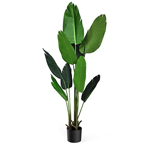 Giantex Artificial Tropical Palm Tree Fake Plant with Gift Black Pot, Floor Bonsai Interior Decoration, Strong Trunks, Artificial Green Plant with 10 Realistic Leaves, Ideal for Home, Garden, 5 feet