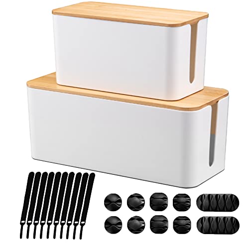 [Set of 2] Wood Cover Cable Management Box Set with Cable Sleeve Wire Ties Included to Organize Desk Cord Cables, Hide TV Computer Wires, USB Hub Power Strips to Make Home Office Neat (White)