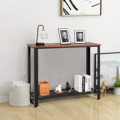 Giantex Console Table with 2 Levels, Hallway Table with Non-Slip Adjustable Foot Pads, Side Table with Grid Shelf, Made of Wood & Metal, Industrial Design, for Hallway Entryway Living Room