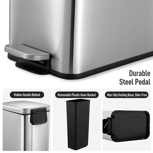 Maxkon 20L Pedal Rubbish Bin Stainless Steel Small Garbage Waste Bin Soft Closing Trash Can for Kitchen Bathroom