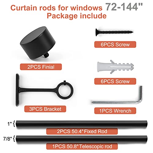 1 Inch Black Curtain Rods, Curtain Rods for Windows 66 to 144, Heavy Duty Adjustable Curtain Rods with Brackets, Indoor/Outdoor Curtain Rod, Rustic Curtain Rod, Room Divider Curtain Rods, 72"-144"