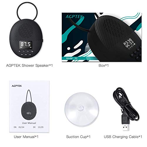 Waterproof Shower Speaker, AGPTEK Waterproof Bluetooth Speaker, Shower Radio with Bluetooth 5.0, LED Screen, Suction Cup, Support TF Card, Built-in MIC for Bathroom, Shower, Beach, Outdoor, Indoor