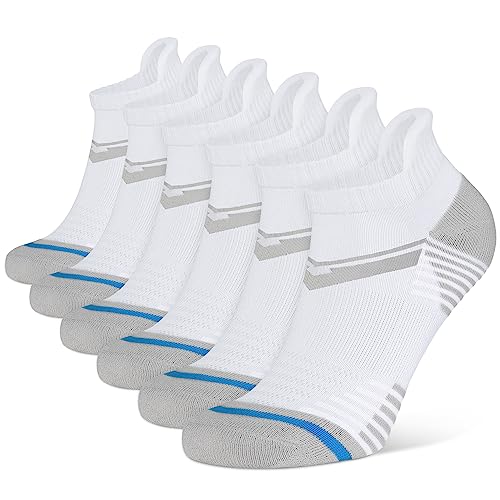 Closemate Mens Sports Trainer Socks White Black 6 Pairs Ankle Running Cotton Cushioned Socks for Men Non Slip Tab Breathable Anti-Blister Wicking Low Cut Short Athletic Socks（6 White, Size L)