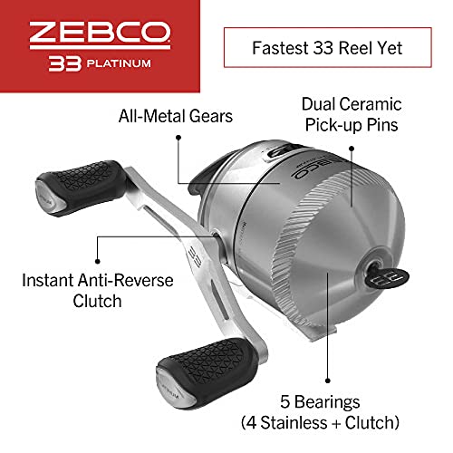 Zebco 33 Platinum Spincast Reel and Fishing Rod Combo, 5-Foot 6-Inch 2-Piece Fiberglass Rod, Comfortable Dual EVA/Cork Rod Handle, Instant Anti-Reverse Clutch, Includes 3-Piece Tackle Kit, Silver