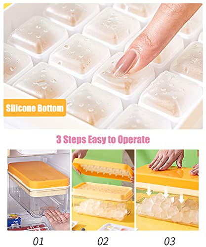 【1S Press to Release】 Ice Cube Tray with Lid and Storage Bin, 32-Tray Easy-Release Ice Cube Maker Flexible Silicone Ice Cube Mold for Freezer, Comes with Scoop and Press Plate