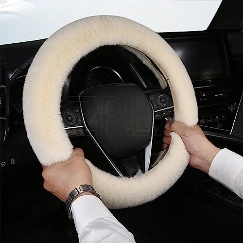 Womens Winter Fashion Wool Fur Steering Wheel Covers 3Pcs Set, Soft Fluffy Handbrake Cover Fluff Gear Shift Cover Plush Fuzz Warm Non-Slip Car Decoration Short Hair (Beige, 15 icnh)