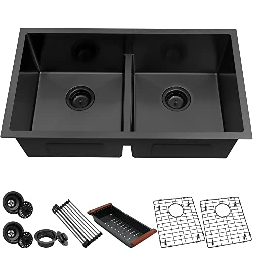 Zeesink Black Kitchen Sink 32" X 18",Double Bowl Kitchen Sink,Low Divide Undermount Kitchen Sink,Black Undermount Double Sink,50/50 Double Bowl 16 Gauge Stainless Steel Kitchen Sink