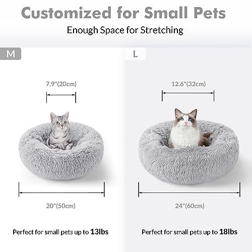 rabbitgoo Cat Beds for Indoor Cats, 20 inches Cat Bed Machine Washable, Fluffy Round Pet Bed Non-Slip, Calming Soft Plush Donut Cuddler Cushion Self Warming for Small Dogs Kittens, Light Grey, Medium