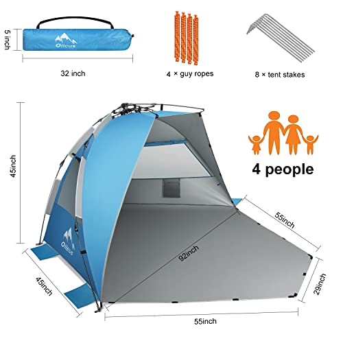 Oileus X-Large 4 Person Beach Tent Sun Shelter - Portable Sun Shade Instant Tent for Beach with Carrying Bag, Stakes, 6 Sand Pockets, Anti UV for Fishing Hiking Camping, Waterproof Windproof, Blue