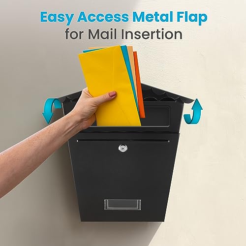 SereneLife Outdoor Wall Mount Lockable Mailbox - Made from Galvanized Metal - Great for Commercial, Rural, Home & Office Use - Easy to Install lockbox with a Slot Secure Lock - Includes 2 keys - Black