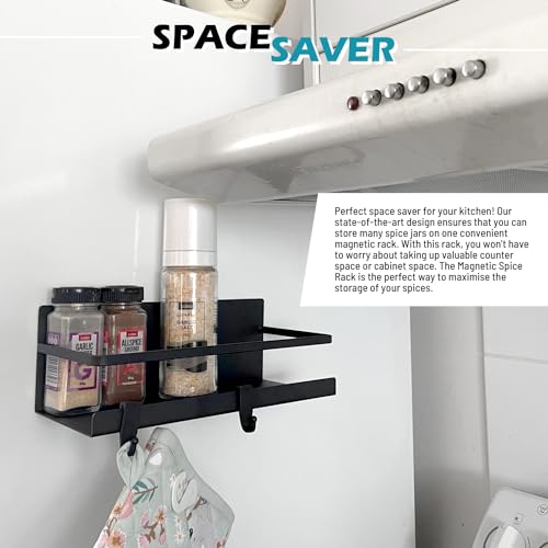 2 Pack Magnetic Fridge Spice Rack, Magnetic Spice Shelf Organiser for Kitchen Refrigerator, Shelves Seasoning Spices Jars Storage, With 4 Removable Hooks No Drilling Single Tier Space Saving Holder