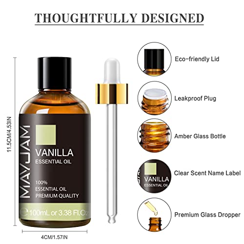 Vanilla Essential Oil 100ml, MAYJAM Premium Essential Oils for Aromatherapy, Diffuser, Soap Making, Candle Making, Large Bottle Vanilla Oil with Gift Box(3.38fl.oz)