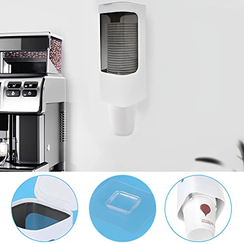 Water Cooler Cup Dispenser 3oz-5oz Wall Mounted Paper Cup Dispenser Plastic Pull Type Cup Holder with Lid Adhesive Water Cup Holder Dust-Proof Cup Organizer for Kitchen Office (White)