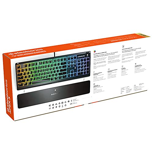SteelSeries Apex 3 Whisper Quiet IP32 Water & Dust-Resistant Gaming Keyboard - Prism 10-Zone RGB Illumination - Premium Magnetic Wrist Rest