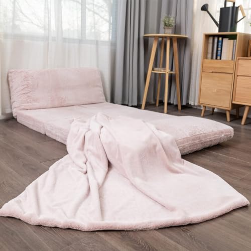 Furlide Foldable Bean Bag Bed, Folding Sofa Bed with Blanket, Foam Filling Wall Sofa Bed, Faux Fur Sleeper Sofa Couch Bed for Bedroom/Living Room/Balcony (Pink)