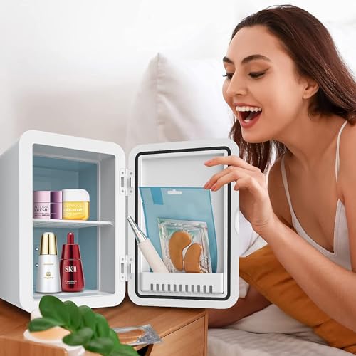 Cobuy Portable Personal Mini Fridge 8 Liter AC/DC Portable Beauty Fridge Thermoelectric Cooler and Warmer for Skincare, Bedroom and Travel, White w/Mirror Door, LED Design
