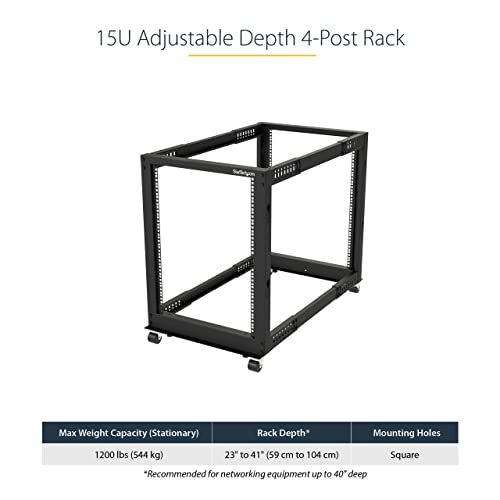 StarTech.com 15U 19" Open Frame Server Rack - 4 Post Adjustable Depth 23-41" Mobile - Free Standing Rolling Network/Computer Equipment Data Rack - Dell PowerEdge HP ProLiant ThinkServer