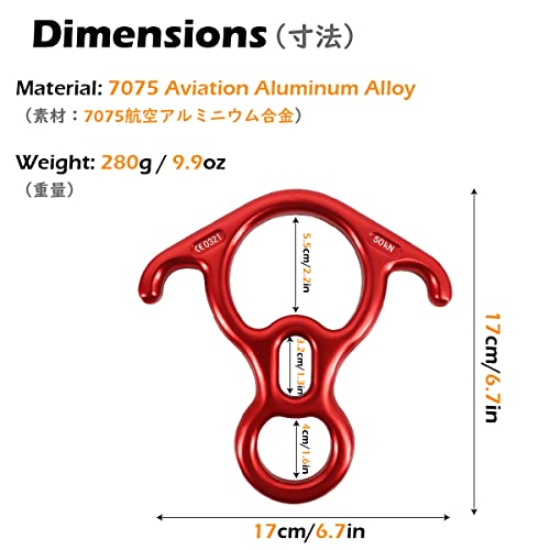 TRIWONDER 50KN Rock Climbing Figure 8 Descender Rescue Belay Device Stop Descender and Carabiner Rock Rappelling Gear (Red)