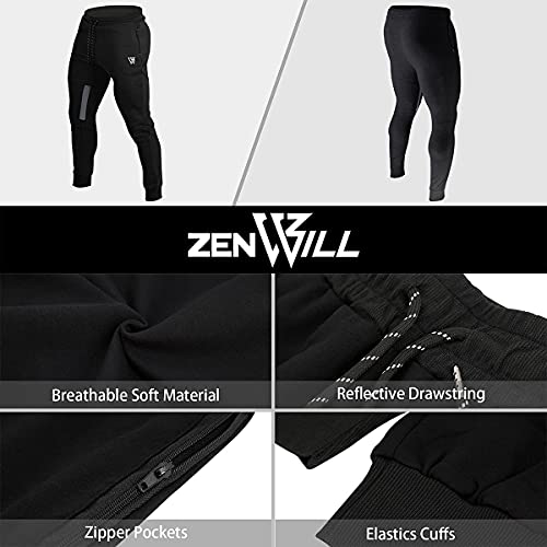 ZENWILL Mens Tapered Gym Joggers, Fitness Pants Casual Workout Track Pants with Zip Pockets（Medium,Black