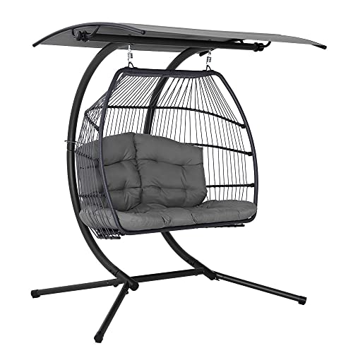 Gardeon Outdoor Swing Chair Rattan 2 Seater Grey Garden Bench Hanging Seat, Patio Baconly Furniture Chairs, with Adjustable Canopy Cushions Stand Wicker Basket Water Resistant 200kg Capacity