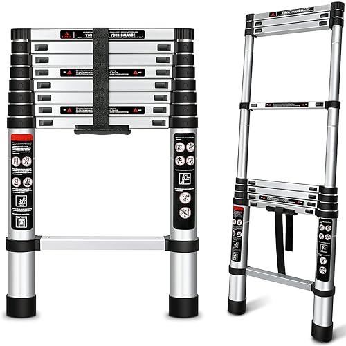 Koreal Telescoping Ladder,2.6Meter Aluminum Folding Telescopic Ladder with Locking Mechanism,Ladders Multi Purpose Collapsible Ladder for Home or RV Outdoor Work,Heavy Duty Load 330 lbs