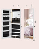 SONGMICS Jewelry Cabinet Armoire Organizer with LED Lights, Wall-Mounted Storage Cabinet with Full-Length Frameless Mirror, Built-in Makeup Mirror, 2 Drawers, Lockable, White UJJC013W01