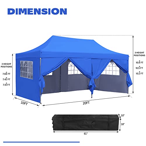 Leisurelife Outdoor Pop Up 10'x20' Party Tent with Sidewalls 6 PCS - Folding Commercial Gazebo Canopy Tent Blue with Wheeled Carry Bag