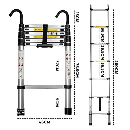 2.6M/8.5FT Telescopic Aluminium Ladder with Safety Hooks, Extension Compact Ladder Lightweight Folding Collapsible Ladder, Heavy Duty Non Slip Extend Climb Ladder, Independent Height Locking