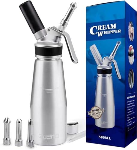 ZOEMO Profesional Whipped Cream Dispenser - Ugraded Full Metal Cream Whipper Canister, w/Durable Metal Body & Head with 3 Stainless Steel Decorating Tips (Professional Silver 500 ML)