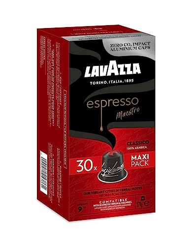 Lavazza, Espresso Maestro Classico, 30 Aluminium Coffee Capsules Compatible with Nespresso Machines* Original, Aromatic Notes of Cereals and Cookies, 100% Arabica, Intensity 9, Medium-Dark Roasting