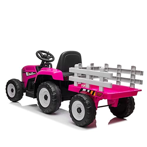 Kids Farm Tractor Electric Ride On Toys Ride On Tractor Ride On Car 2.4G R/C Remote Control Cars w/Trailer Garden - Neon Pink