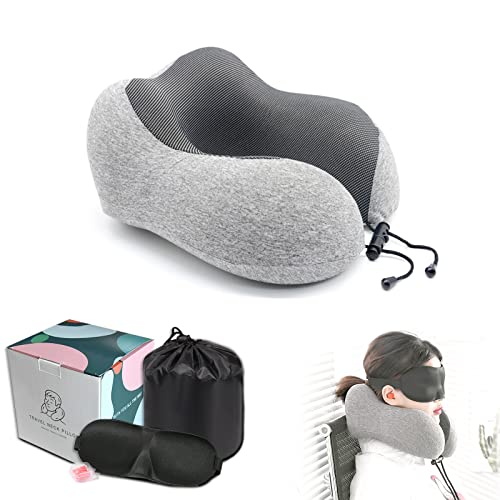 Travel Neck Pillow Memory Foam Pillow, Travel Pillow Kit Deal for Airplane,Comfortable & Breathable Cover,Travel Essentials Kit with 3D Eye Masks, Earplugs and Storage Bag