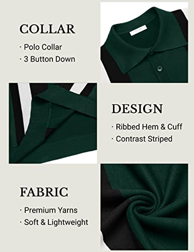 Coofandy Men's Knit Polo Shirt Short Sleeve Vintage Striped Golf Shirt, Green & Black, Medium