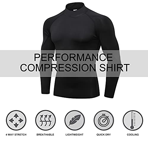 3 Pack Mens Mock Turtleneck Compression Shirts Long Sleeve Sun Protection Shirts Cooling Workout Gym Tops Undershirt, Blkgry+grey+white, Large