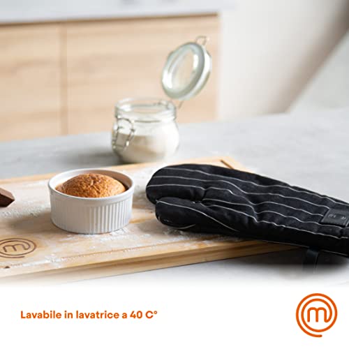 MasterChef Oven Mitts Heat Resistant, Pair of 2 Cooking Gloves, Cotton Oven Mittens, Kitchen Gloves With Vegan PU Leather Logo & Hanging Loop, Machine Washable, Black, One Size Fits All