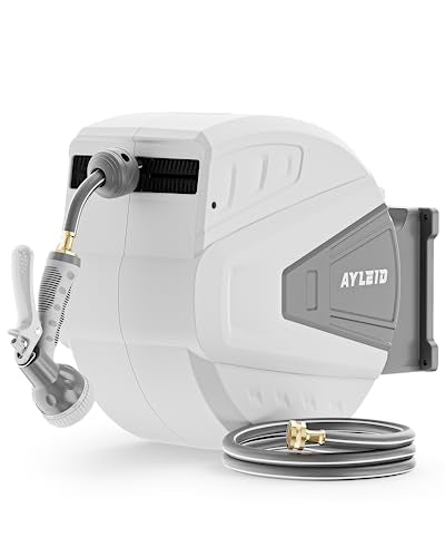 Ayleid Retractable Garden Hose Reel,1/2 in x 130 ft Wall Mounted Hose Reel, with 9- Function Sprayer Nozzle, Any Length Lock/Slow Return System/Wall Mounted/180°Swivel Bracket (Grey)