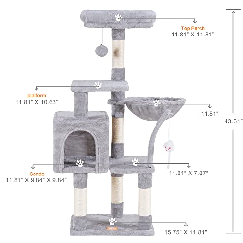 Heybly Cat Tree with Toy, Cat Tower condo for Indoor Cats, Cat House with Padded Plush Perch, Cozy Hammock and Sisal Scratching Posts, Light Gray HCT004SW