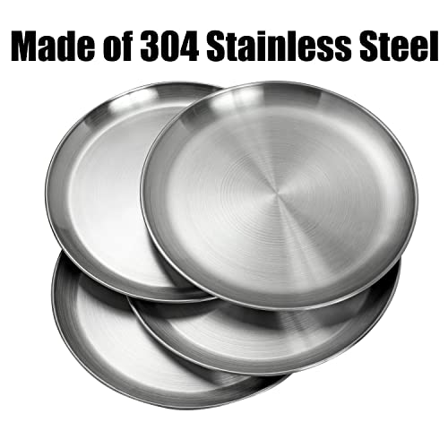 WANBY Stainless Steel Plates Metal Lightweight Steel Plate Unbreakable Dinner Dishes Plates Set Non-Toxin Dishwasher Safe BPA Free and Healthy (4 Pcs)