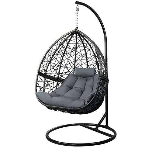 Gardeon Outdoor Egg Swing Chair Rattan Black Garden Bench Hanging Seat, Patio Baconly Furniture Chairs, with Cushions Stand Wicker Basket Water Resistant 150kg Capacity