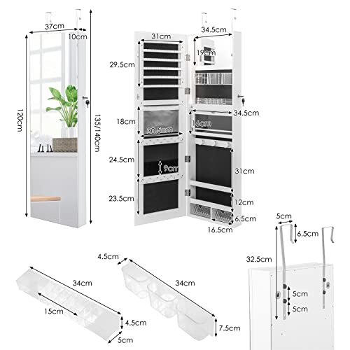 Giantex Wall/Door Mounted Jewelry Armoire w/ 3-Color LED Lights, 120CM (H) Full Length Mirror, Lockable Jewelry Cabinet with 3 Brush Boxes, Lipsticks Organizers, 2 Drawers, Makeup Tray (White)