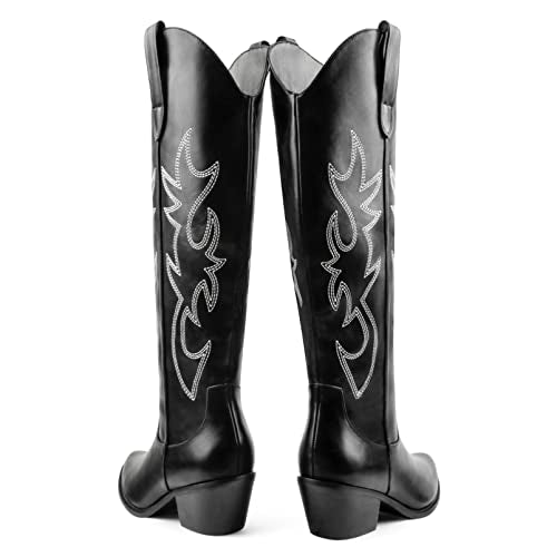 Zzheels Embroidered Western Cowboy Boots for Women Ankle High Cowgirls Low Chunky Heel Pointed Toe Pull-On Fashion Classic Boots, Knee Black-white, 7.5